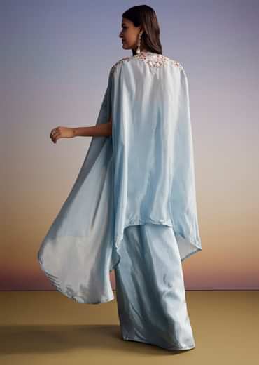 Pastel Blue Crop Top Skirt Set With Embroidered Cape Overlay