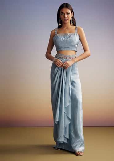 Pastel Blue Crop Top Skirt Set With Embroidered Cape Overlay