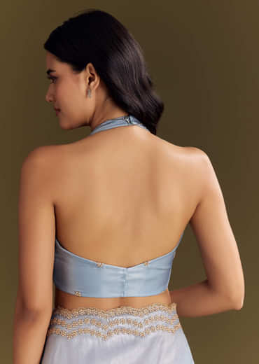 Pastel Blue Tissue Saree With Cutdana And Beads Scallop Border