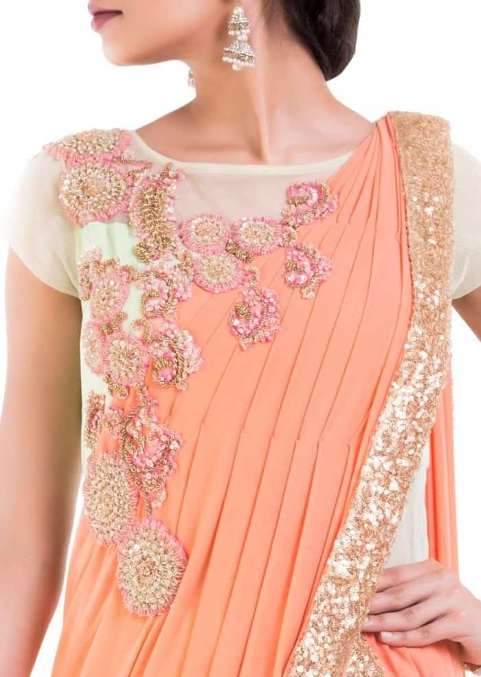 Pastel Green & Orange Drape Gown Saree