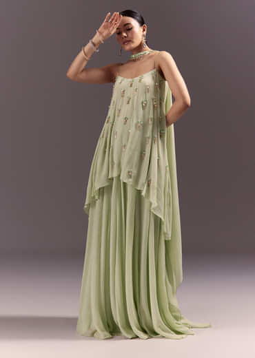 Pastel Green Chinon Embroidered Kurti With Flared Pant Set