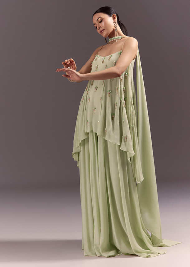Pastel Green Chinon Embroidered Kurti With Flared Pant Set
