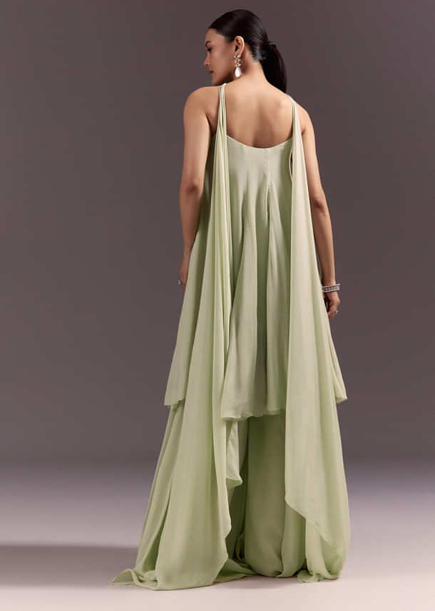Pastel Green Chinon Embroidered Kurti With Flared Pant Set