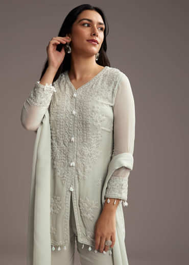 Pastel Green Georgette Kurta Set With Bead Embroidery