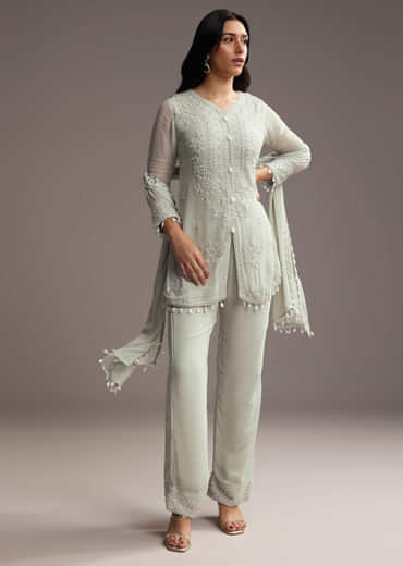 Pastel Green Georgette Kurta Set With Bead Embroidery