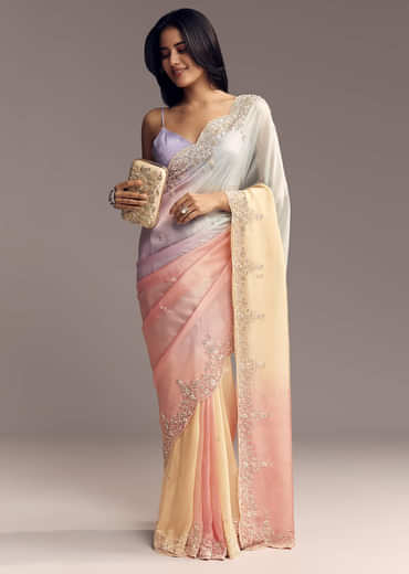 Pastel Ombre Organza Saree With Floral And Butti Embroidery