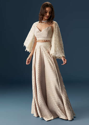 Pastel Palazzo Set With Full Sleeved Jacket And Intricately Embellished Bustier