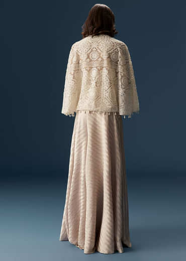 Pastel Palazzo Set With Full Sleeved Jacket And Intricately Embellished Bustier