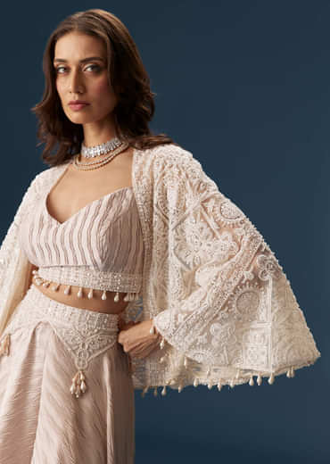 Pastel Palazzo Set With Full Sleeved Jacket And Intricately Embellished Bustier