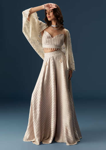 Pastel Palazzo Set With Full Sleeved Jacket And Intricately Embellished Bustier