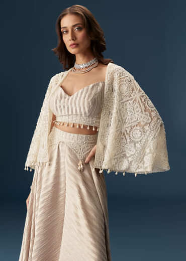 Pastel Palazzo Set With Full Sleeved Jacket And Intricately Embellished Bustier