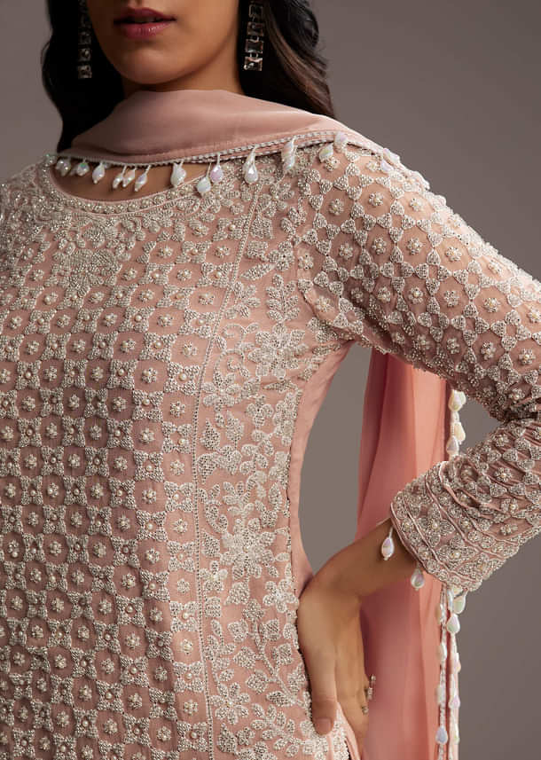Pastel Peach Georgette Kurta Set With Beads Work Pastel Peach Georgette Kurta Set With Beads Work