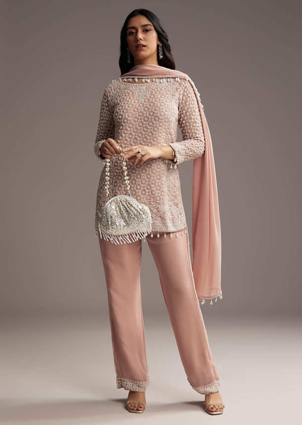Pastel Peach Georgette Kurta Set With Beads Work Pastel Peach Georgette Kurta Set With Beads Work