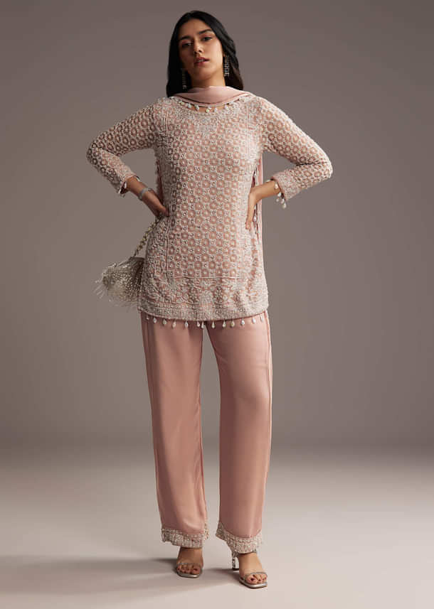 Pastel Peach Georgette Kurta Set With Beads Work Pastel Peach Georgette Kurta Set With Beads Work