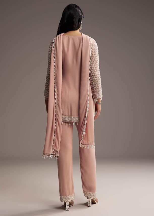 Pastel Peach Georgette Kurta Set With Beads Work Pastel Peach Georgette Kurta Set With Beads Work