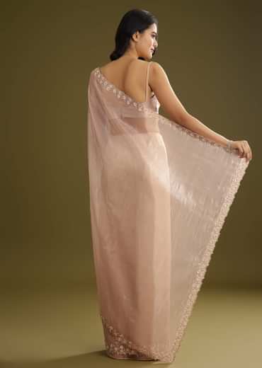 Pastel Peach Glass Tissue Stone Embellished Saree With Cutwork Border