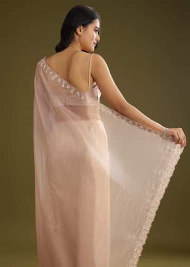 Pastel Peach Glass Tissue Stone Embellished Saree With Cutwork Border