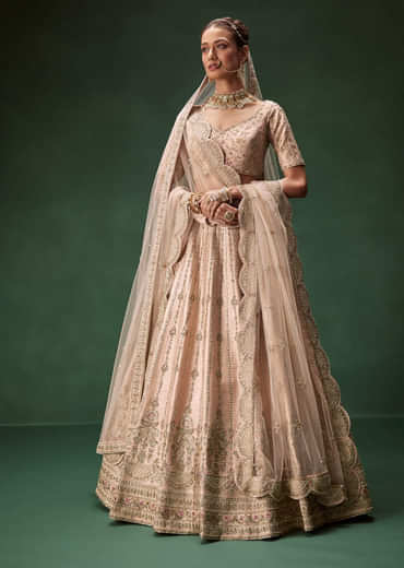Pastel Pink Bridal Lehenga With Fully Embroidered Blouse And Layered Dupattas
