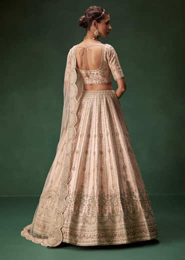 Pastel Pink Bridal Lehenga With Fully Embroidered Blouse And Layered Dupattas