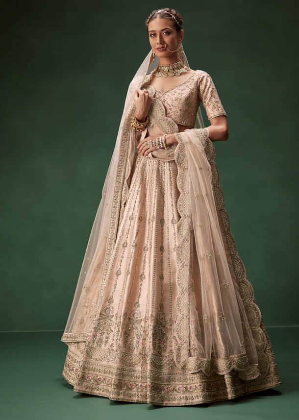 Pastel Pink Bridal Lehenga With Fully Embroidered Blouse And Layered Dupattas