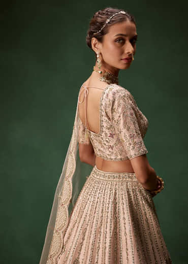 Pastel Pink Bridal Lehenga With Fully Embroidered Blouse And Layered Dupattas
