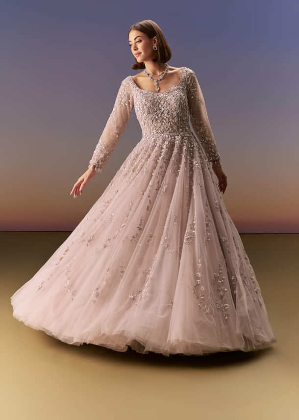 Pastel Pink Embroidered Gown With Full Sleeves