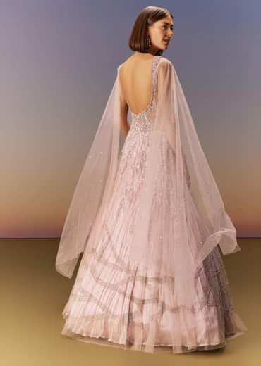 Pastel Pink Gown With Embellished Shoulder Cape Trails