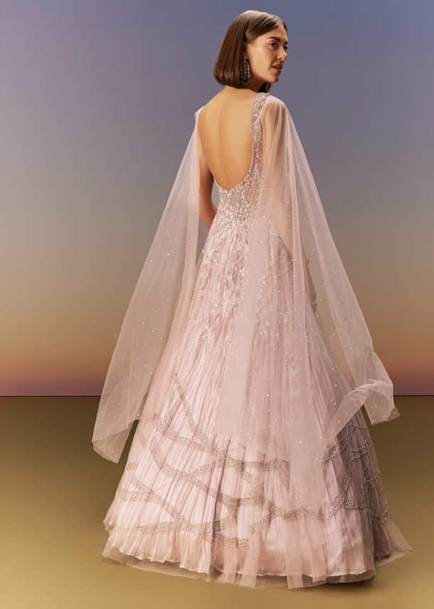 Pastel Pink Gown With Embellished Shoulder Cape Trails