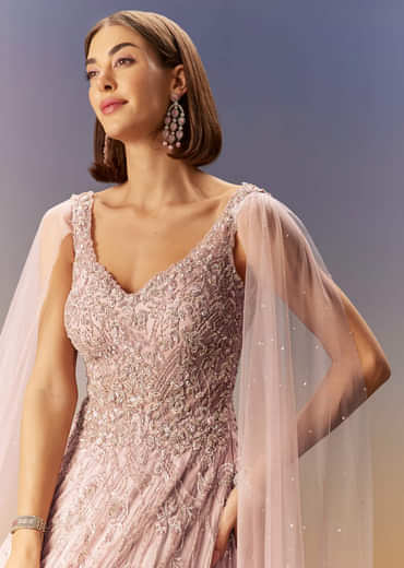 Pastel Pink Gown With Embellished Shoulder Cape Trails