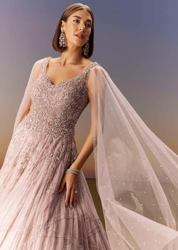 Pastel Pink Gown With Embellished Shoulder Cape Trails