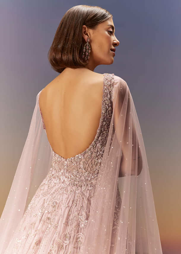 Pastel Pink Gown With Embellished Shoulder Cape Trails