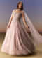 Pastel Pink Gown With Sheer Cape Drape And Heavy Embroidery