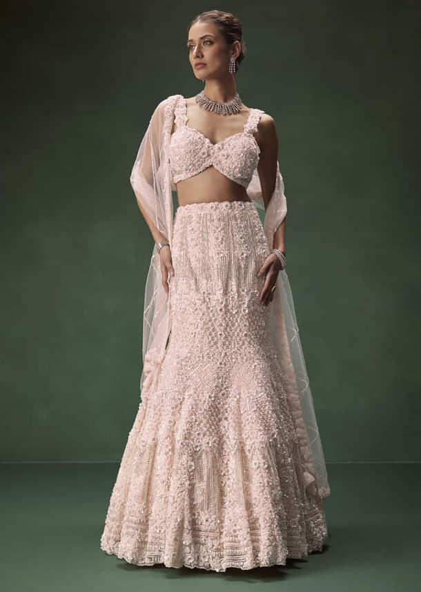 Pastel Pink Mermaid Bridal Lehenga With Intricate Embellishments