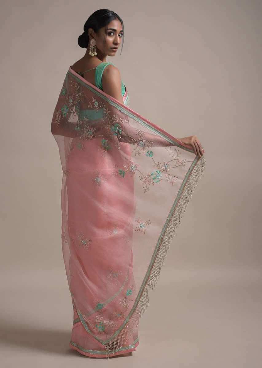 Pastel Pink Saree In Organza Adorned With Sequins, Thread And Pearls Work In Floral Pattern Online - Kalki Fashion