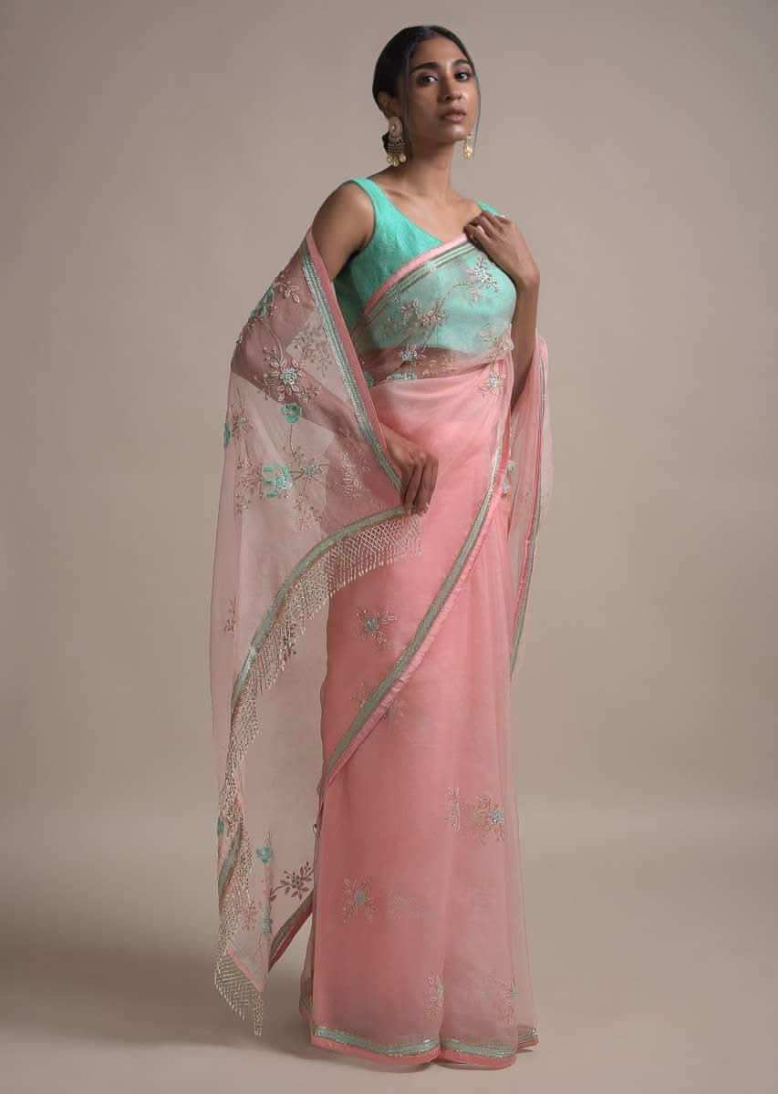Pastel Pink Saree In Organza Adorned With Sequins, Thread And Pearls Work In Floral Pattern Online - Kalki Fashion