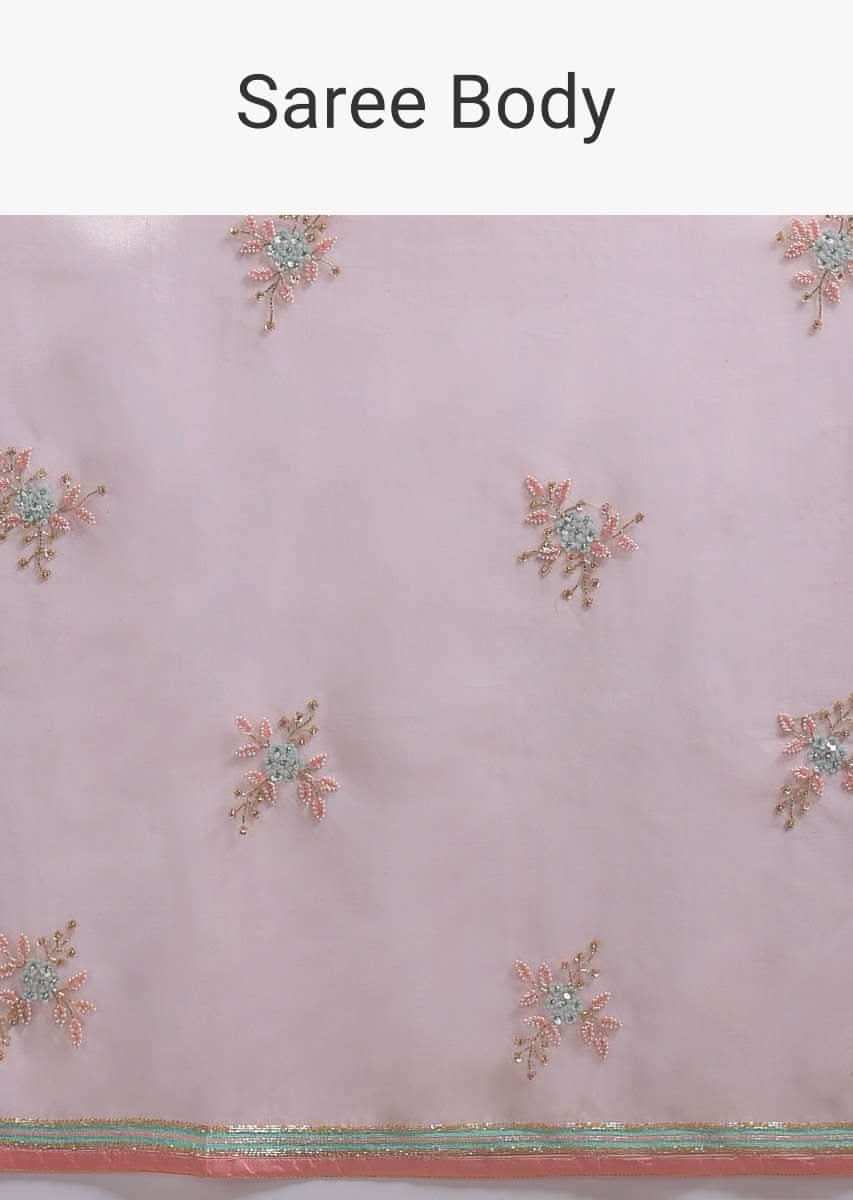 Pastel Pink Saree In Organza Adorned With Sequins, Thread And Pearls Work In Floral Pattern Online - Kalki Fashion