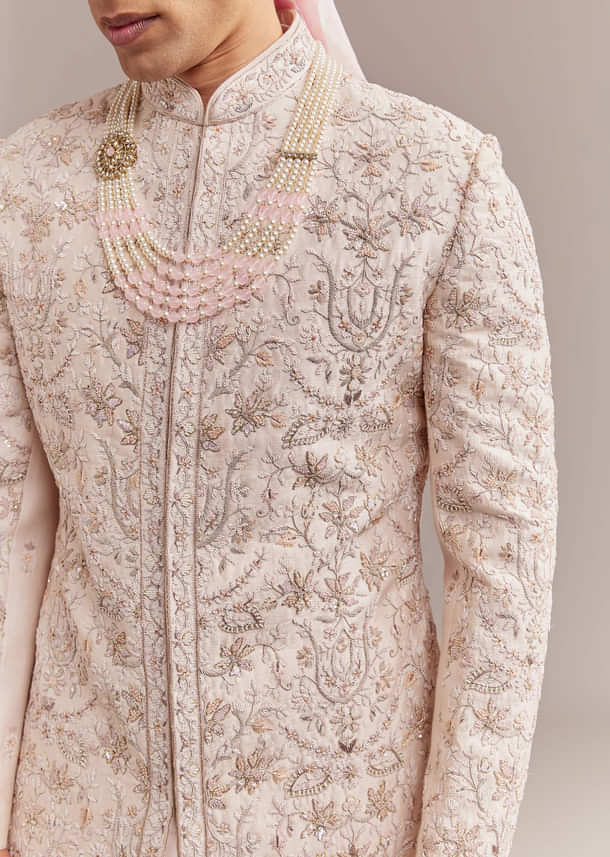 Pastel Pink Silk Sherwani For Groom With Intricate Embroidery