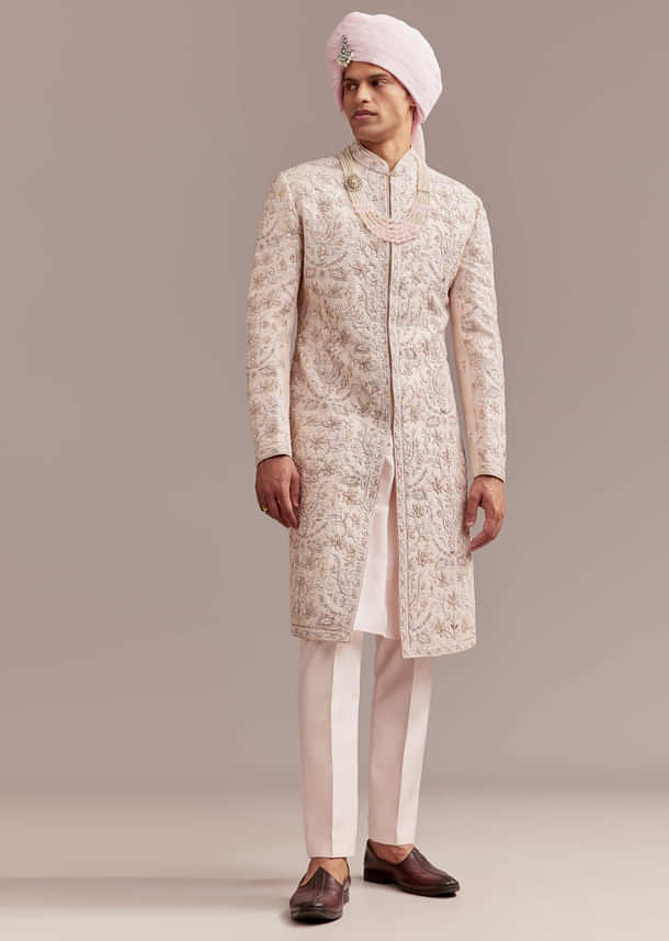 Pastel Pink Silk Sherwani For Groom With Intricate Embroidery