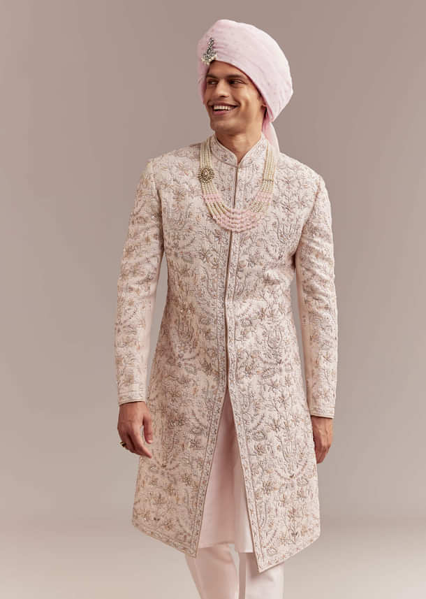 Pastel Pink Silk Sherwani For Groom With Intricate Embroidery
