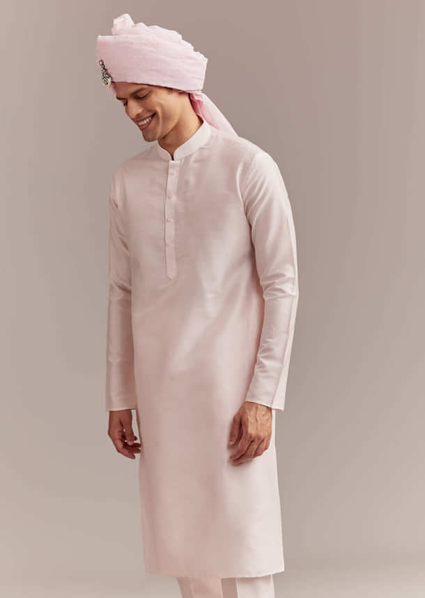 Pastel Pink Silk Sherwani For Groom With Intricate Embroidery