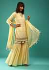 Pastel Yellow Sharara Suit In Georgette With Lucknowi Embroidered Moroccan Jaal Along With Gotta Abla  And Tassel Details
