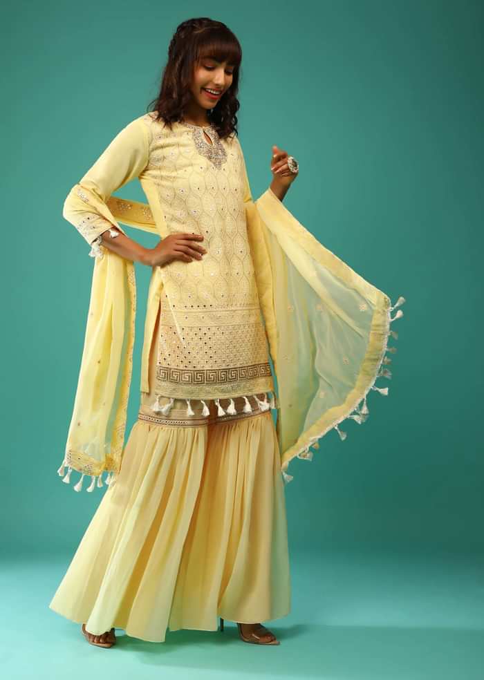 Pastel Yellow Sharara Suit In Georgette With Lucknowi Embroidered Moroccan Jaal Along With Gotta Abla  And Tassel Details