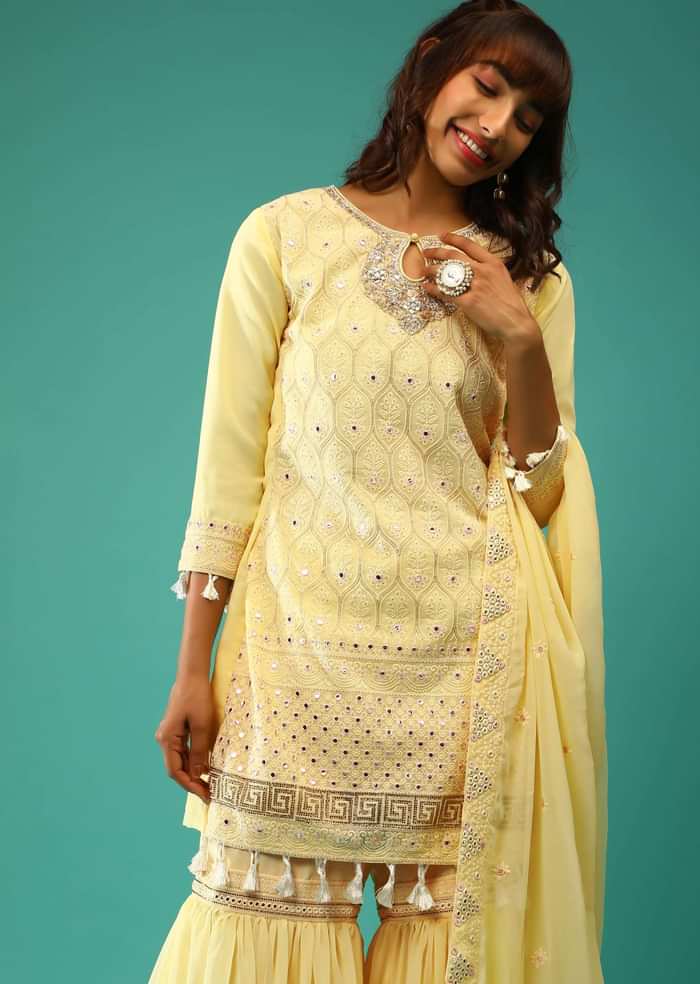 Pastel Yellow Sharara Suit In Georgette With Lucknowi Embroidered Moroccan Jaal Along With Gotta Abla  And Tassel Details