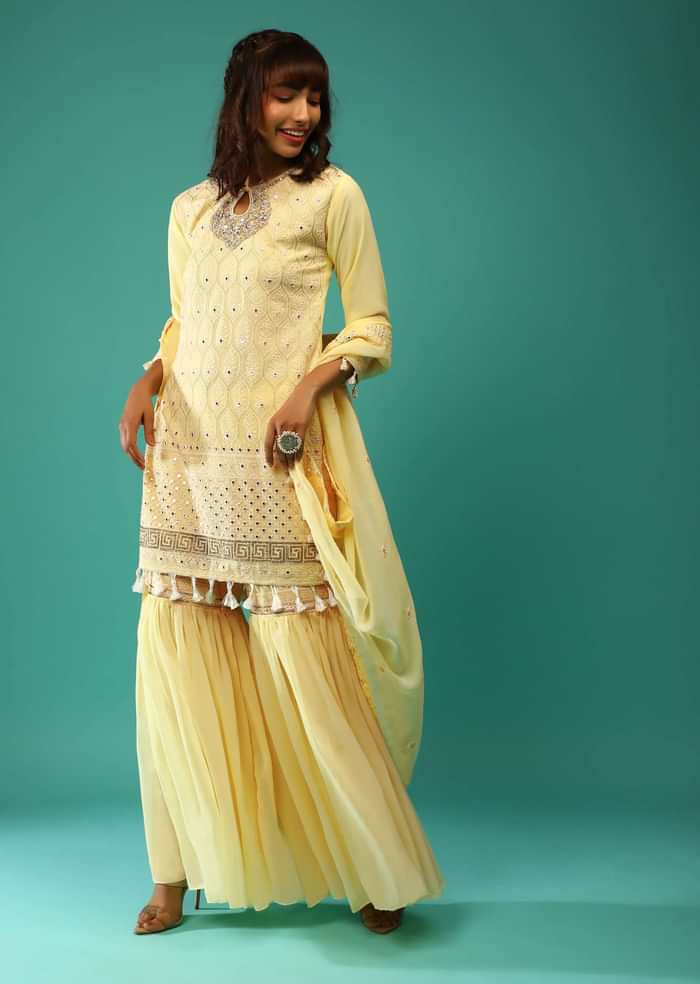 Pastel Yellow Sharara Suit In Georgette With Lucknowi Embroidered Moroccan Jaal Along With Gotta Abla  And Tassel Details