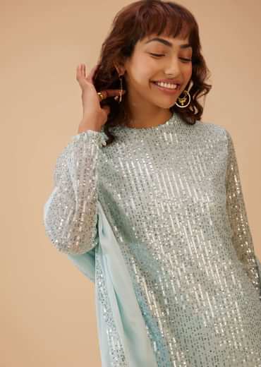 Powder Blue Palazzo Suit Set In Sequin