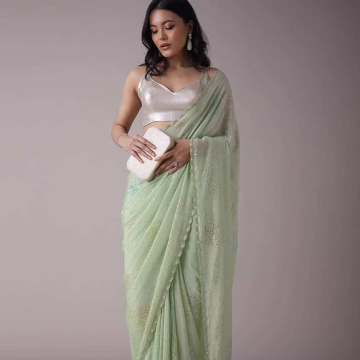 Minty Green Crepe Saree With Sequins