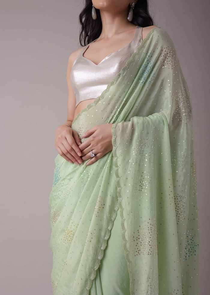 Minty Green Crepe Saree With Sequins