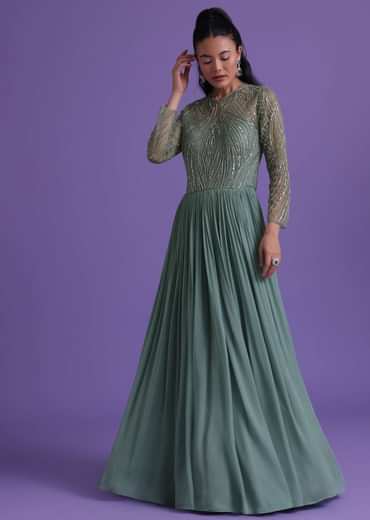 Pastel Green Gown In Georgette With Cut Dana Embroidery