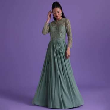 Pastel Green Gown In Georgette With Cut Dana Embroidery
