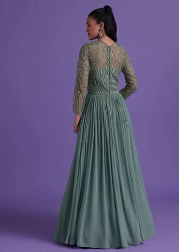 Pastel Green Gown In Georgette With Cut Dana Embroidery